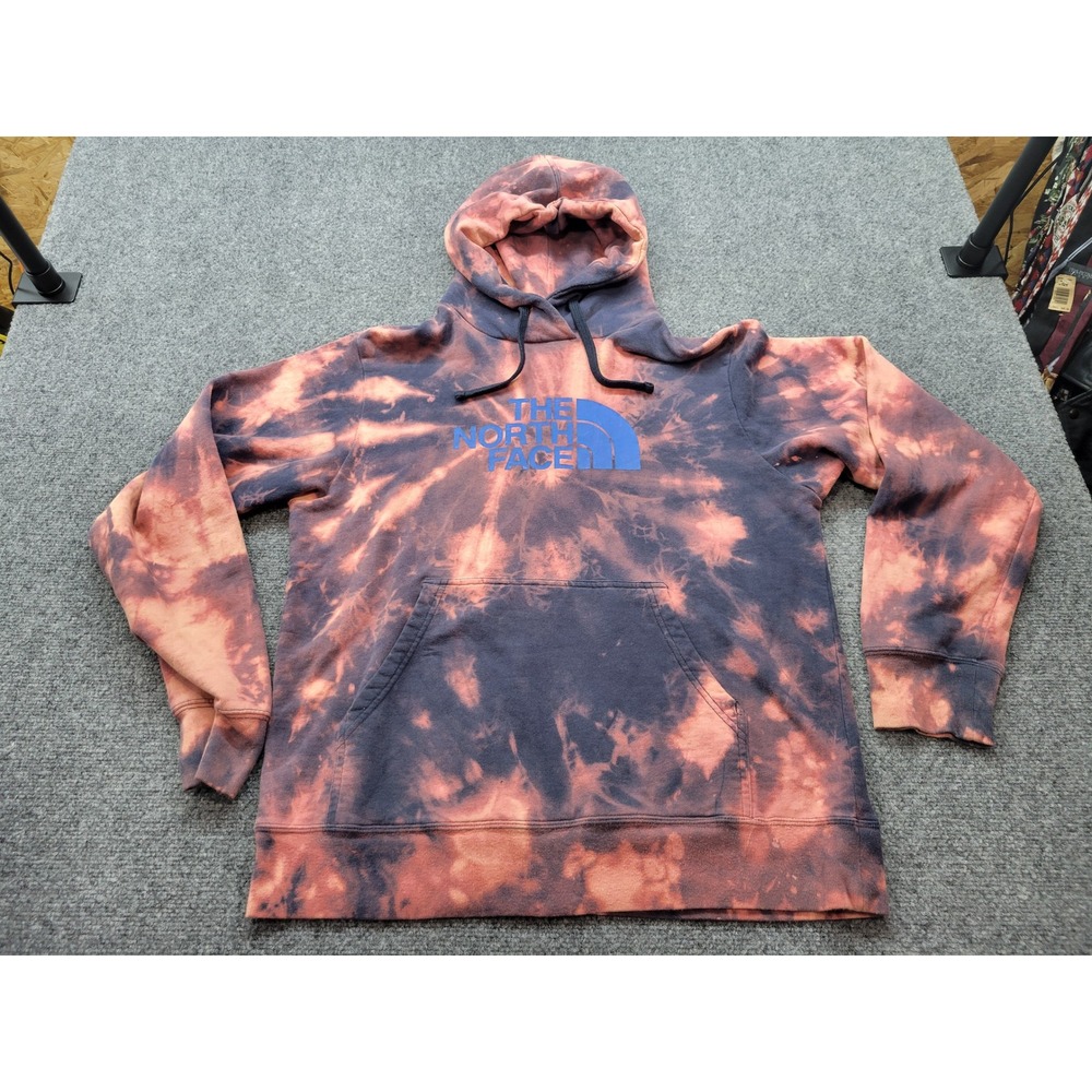 The North Face Mens Bleached Tie Dye Hoodie Blue Orange Logo Sweatshirt Size M
